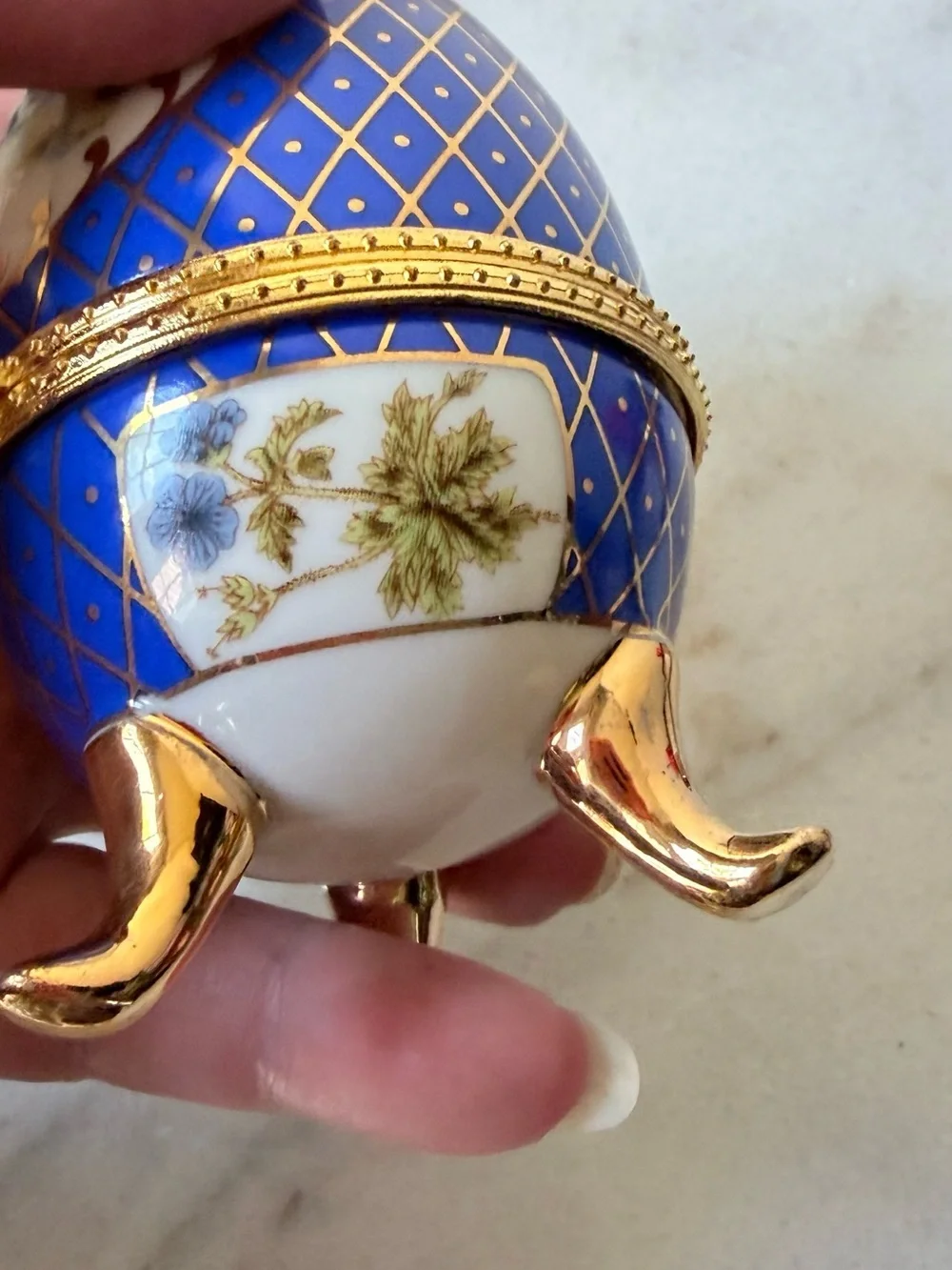 Blue Decorative Porcelain Egg Trinket Box with Gold Accents